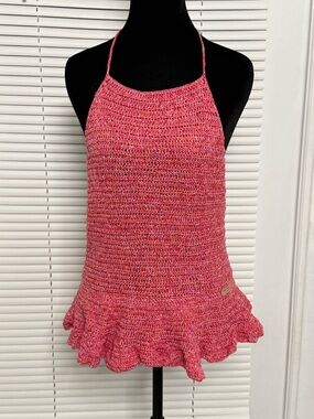 Pink Crochet Halter Crop Top with Ruffle Hem